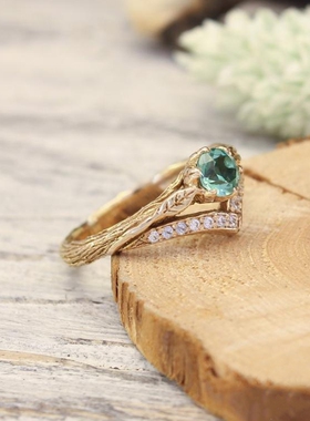 天然绿石英镶嵌钻石枝叶女士戒指