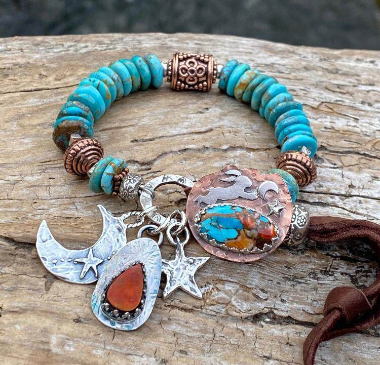美国代购Beaded◇手作真正绿松石新月星星兔子纯银鹿皮革铜珠手链