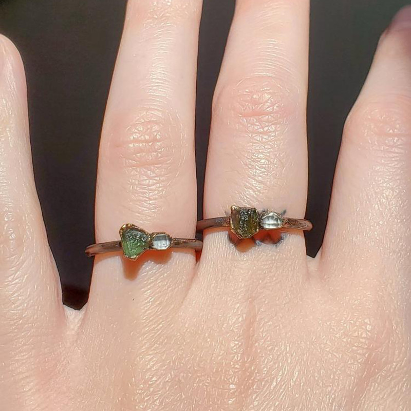 美国代购Copper◇手作复古天然绿陨石赫基默钻石宝石镶嵌铜戒指