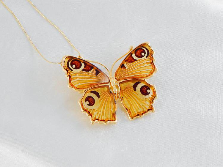 美国代购Natural㊣ 手作天然波罗海琥珀镶嵌纯银镀金蝴蝶胸针项链