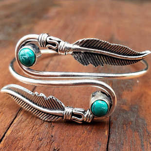 美国代购Bohemian▽手作波西米亚风银色绿松石羽毛手镯可调节手链