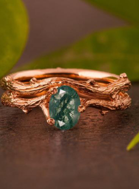 女天然绿色苔藓玛瑙戒指宝石镶嵌