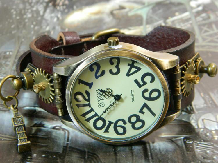 Clock㊣俄罗斯代购 手作迷人钟表艺术蒸汽朋克石英真皮手表腕表