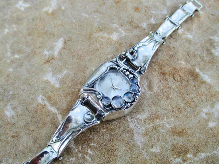 Natura㊣海外代购 手作美丽月光石装饰纯银手镯式电池手表腕表