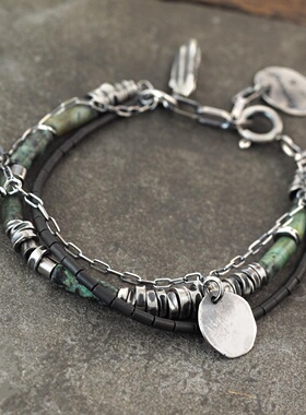 绿松石赤铁矿氧化纯银叠戴手链