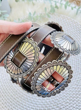 美国代购Concho◇古着棕色皮革康乔扣银色椭圆花边皮带女士腰带