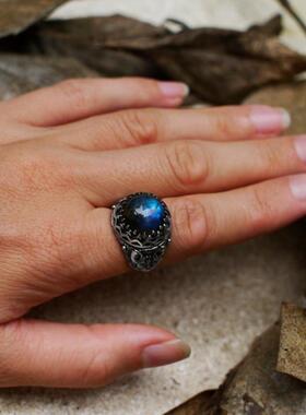 天然拉长石宝石镶嵌猫戒指纯银