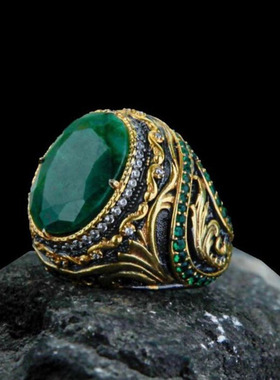 纯银镀金天然翡翠绿色氧化锆戒指