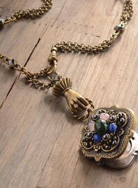 Locket㊣美国代购 手作维多利亚水晶装饰方形翻盖坠子铜色项链