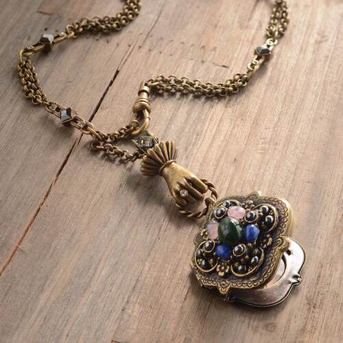 Locket㊣美国代购 手作维多利亚水晶装饰方形翻盖坠子铜色项链