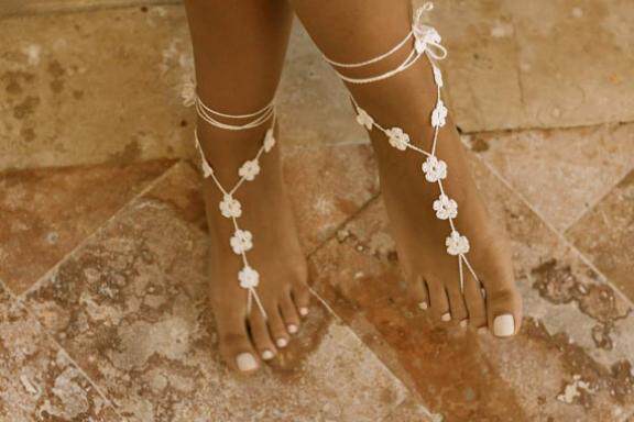 Sandals㊣波兰代购 手作迷人海滩婚礼花朵装饰白色棉线脚链脚饰