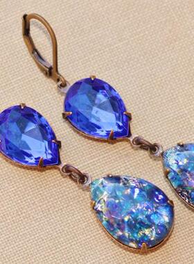 Earring㊣美国代购 手作特别迷人美丽蓝色火欧泊石水晶耳环