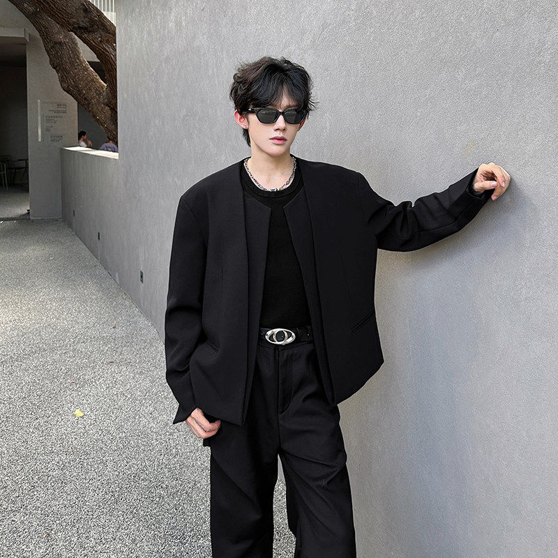 设计感无领小西装简约纯色男装西服外套潮男时尚休闲白色西装上衣