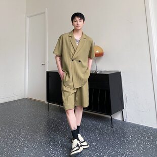 2026新款短袖西装领套装休闲外套潮男夏季宽松条纹短裤两件套帅气