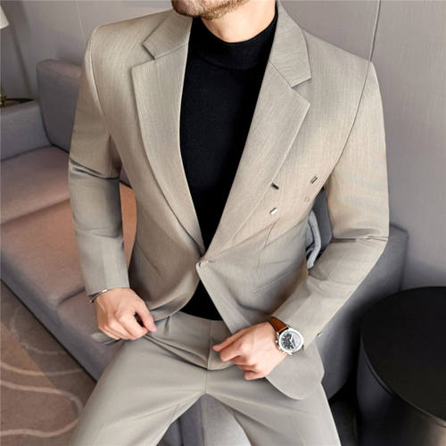 潮男设计感修身休闲西装两件套
