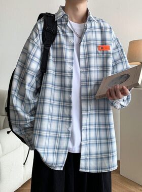 青少年格子衬衫港风大码长袖衬衣