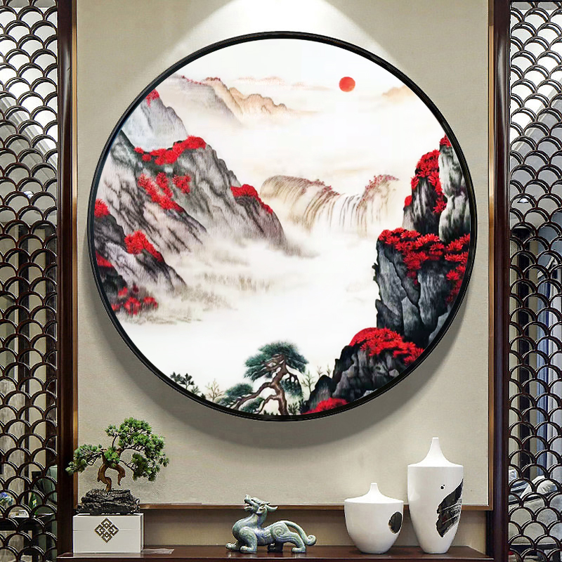 苏绣成品挂画鸿运当头圆形山水苏州纯手工刺绣玄关装饰画新中式图片