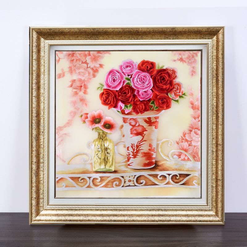 苏绣成品挂画欧式美式玫瑰花瓶来纯手工刺绣装饰壁画餐厅绣品图片