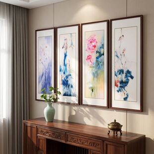 苏绣成品挂画四条屏荷花客厅新中式 饰壁画 纯手工刺绣背景墙装