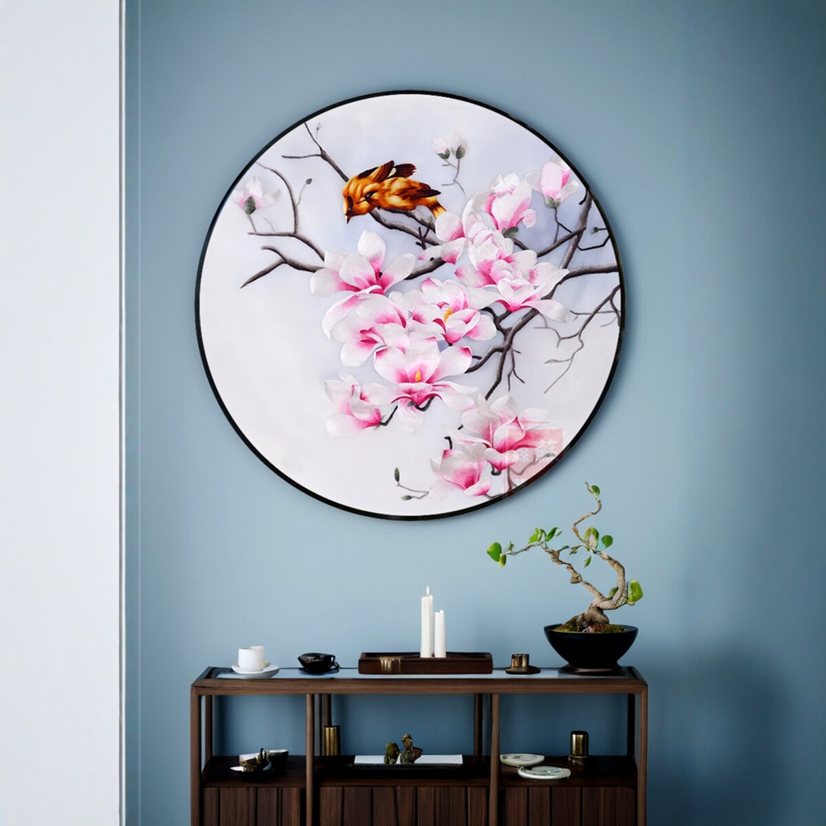 苏绣成品挂画圆形玉兰花鸟苏州手工真丝刺绣玄关客厅装饰画中式