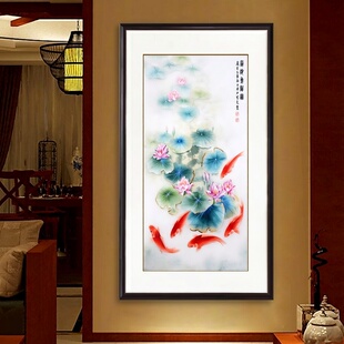 苏绣成品挂画玄关过道走廊鱼戏莲叶手工苏州刺绣中式竖幅装饰画