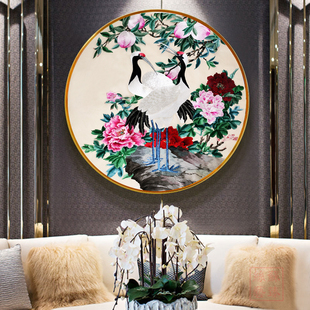 苏绣成品挂画圆形牡丹仙鹤寿桃花纯手工刺绣装 饰画玄关客厅新中式