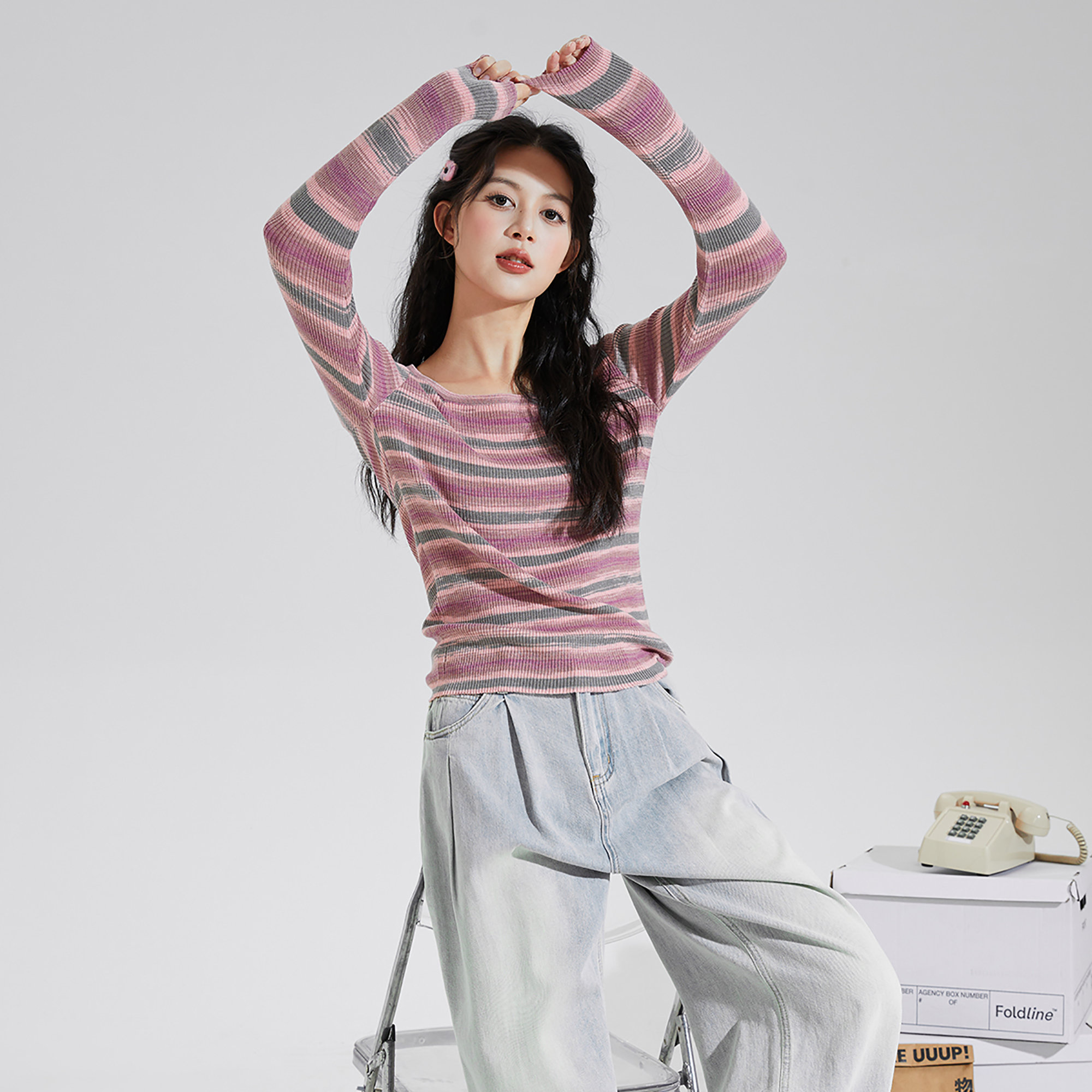 唐狮圆领条纹长袖内搭打底衫女2025秋冬新款U型领显瘦针织衫