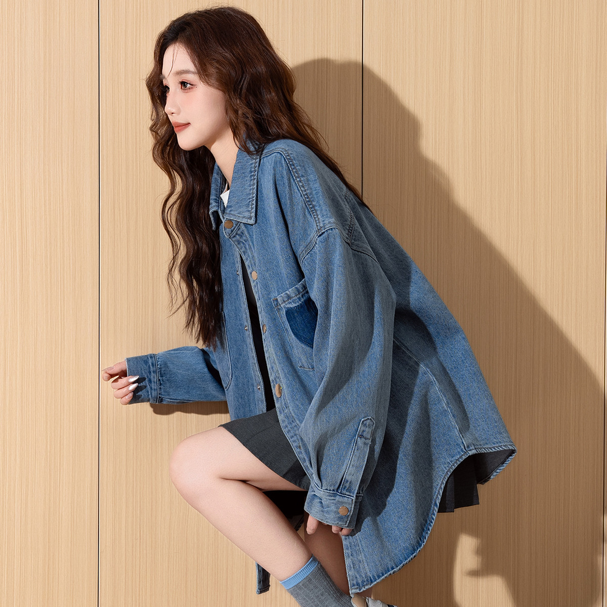 唐狮牛仔外套女韩系翻领休闲上衣