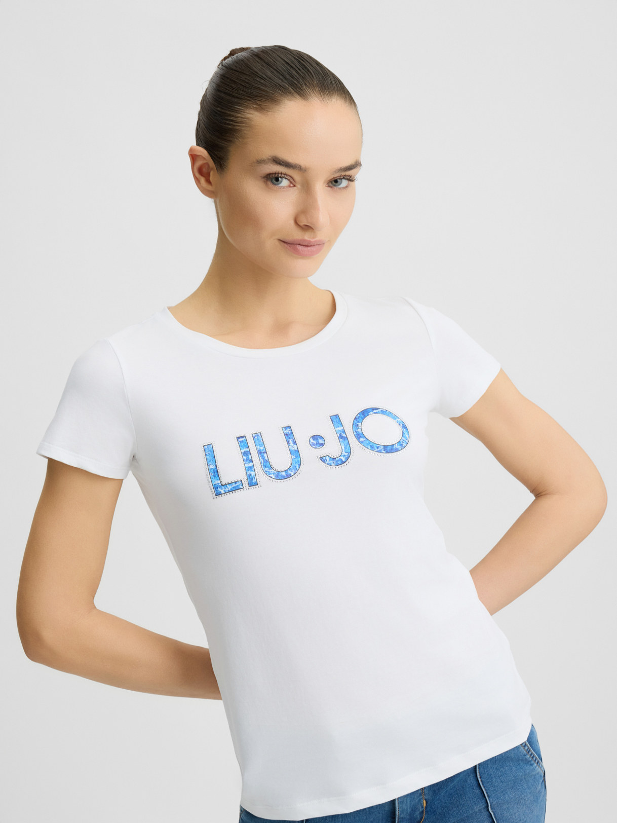 Qadın su daşlı printli qısaqol pambıq t-shirt