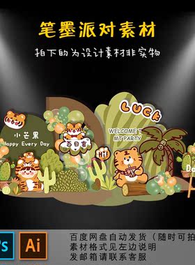 小红书同款绿色森系老虎宝宝宴效果图周岁百日气球派对背景ps素材