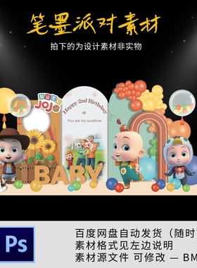 JOJO橙色宝宝宴指引气球周岁生日设计定制派对kt板背景素材ps文件