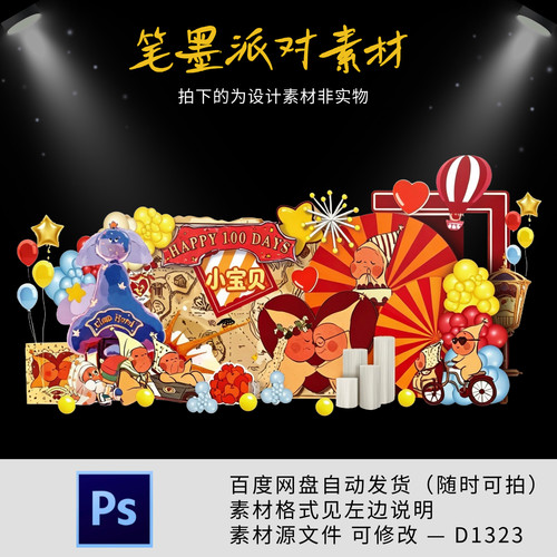 星星人主题宝宝宴生日宴周岁宴百日宴气球派对背景设计素材ps文件