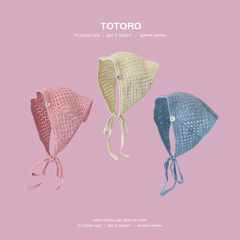 日系纯色镂空针织三角巾发带女春夏出游包头帽甜美可爱百搭头巾潮