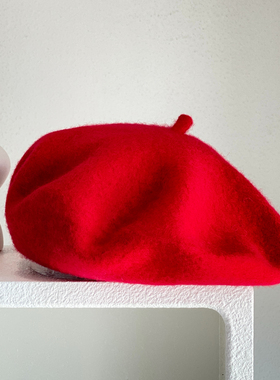 日系复古红色100%羊毛贝雷帽子女秋冬气质百搭显脸小画家帽南瓜帽