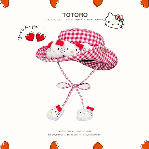 可爱kitty猫红格子大檐渔夫帽子