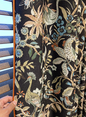 武汉高端定制窗帘 厚重棉麻美式法式花鸟 卧室女孩房蓝色黑色 F2