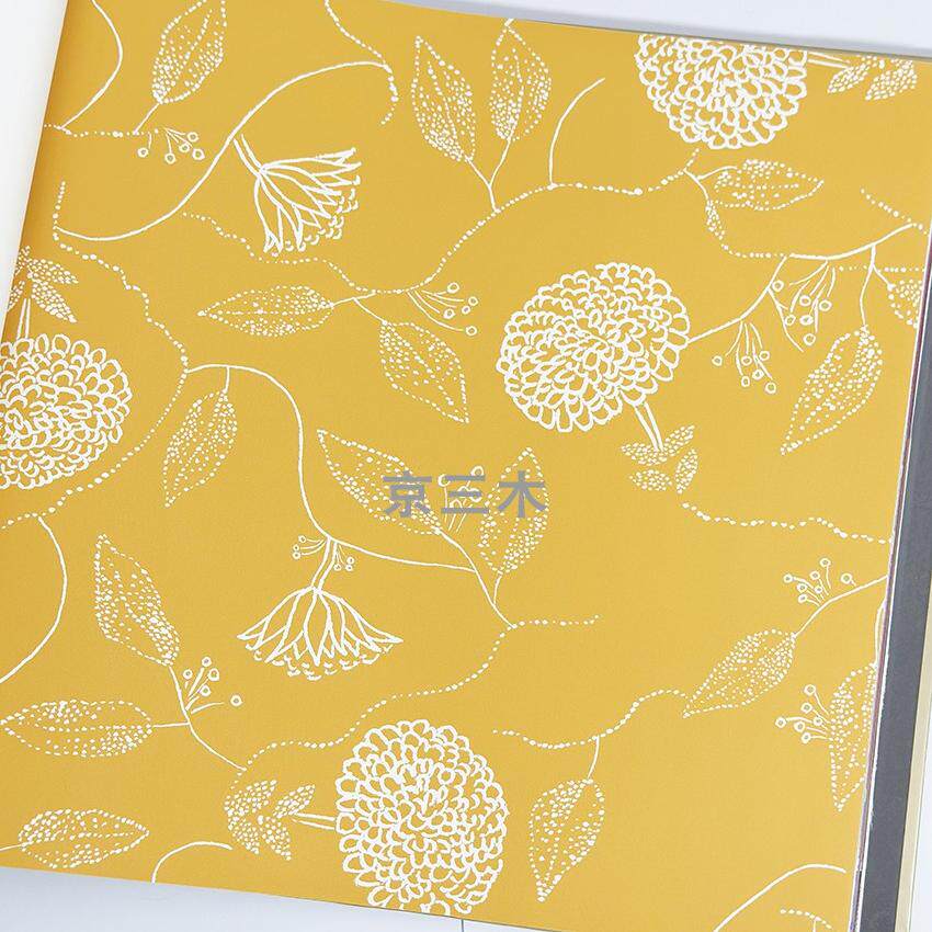 京三木 现代抽象花卉 纯纸墙纸 壁纸 柃檬黄色 卧室客厅背景墙 J2