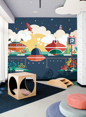 京三木 卡通深蓝色无缝墙布 卡通UFO太空漫游男孩儿童房卧室背景