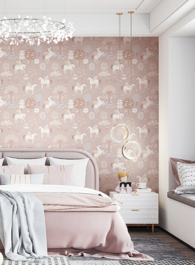 梦幻紫色幸运独角马无缝墙布 环保无纺布卡通小女孩房卧室背景墙