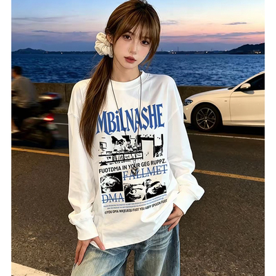 秋季新款纯棉字母印花长袖T恤女