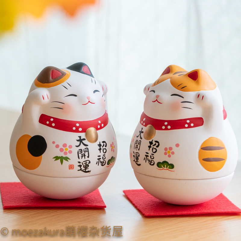 日本进口 药师窑开运招财招福猫手工陶瓷不倒翁摆件 开业结婚礼物