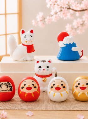 现货 日本陶土摆件 福盒招福招财猫 达摩金运 车内装饰