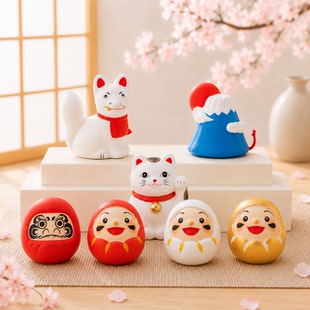 现货 日本陶土摆件 福盒招福招财猫 达摩金运 车内装饰