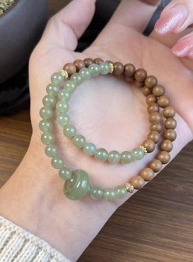 天然精品檀木圆珠单圈手链搭配和田玉手串男女绕指柔小众设计