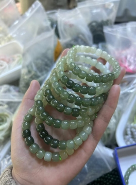 保真天然渐变老型珠手链女款青白玉手串天然玉石青海料手链真玉