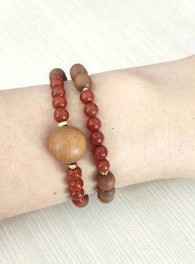 原创天然南红玛瑙檀木手链本命年小众设计复古风简约显白双圈手串