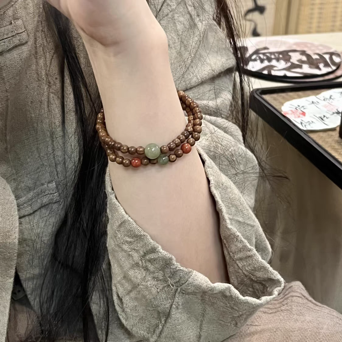 原创天然金丝檀和田玉佛珠手串檀香木质念珠复古文艺送女朋友学生