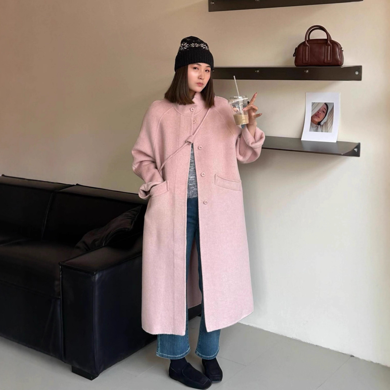 色立领单排扣双面羊毛大衣