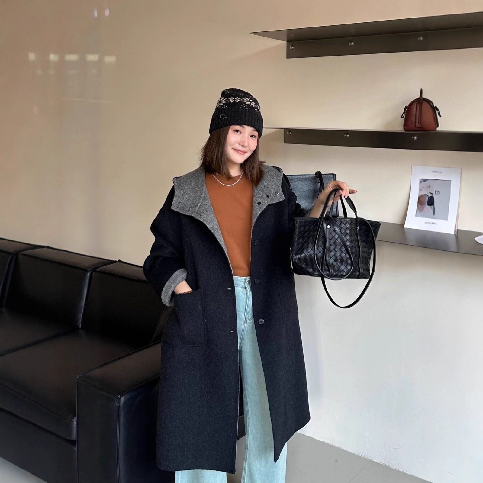 连帽双面羊毛大衣女单排扣立领