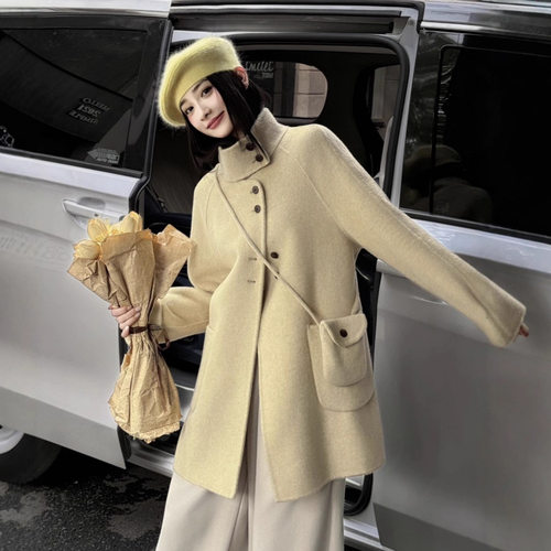 小斜包立领对扣中长款双面羊毛大衣加厚保暖气质简约羊毛毛呢外套